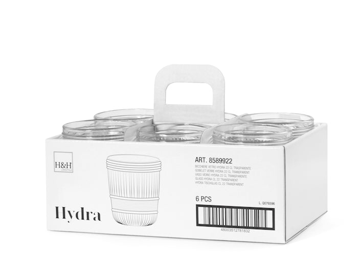 CONFEZIONE DA 6 BICCHIERI VETRO HYDRA TRASPARENTE 22 CL - H&H